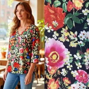 Rose & Olive Tunic Top Black Floral Cottagecore Career Chiffon Peasant Size 1X